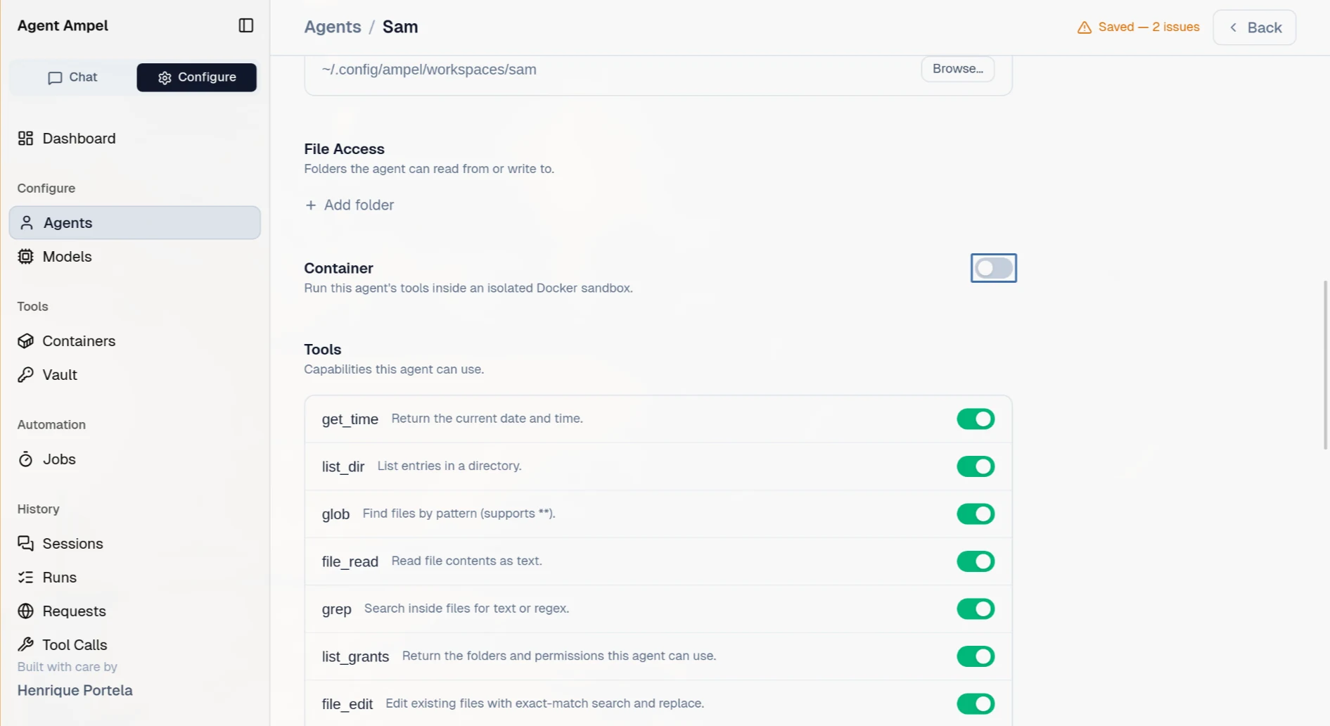 Agent Ampel permission configuration for an agent's tools and file access