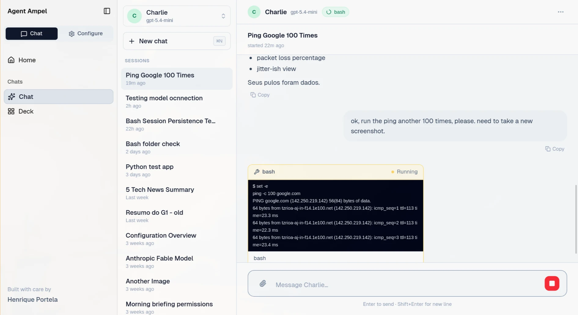 Agent Ampel showing a bash tool execution inside a conversation
